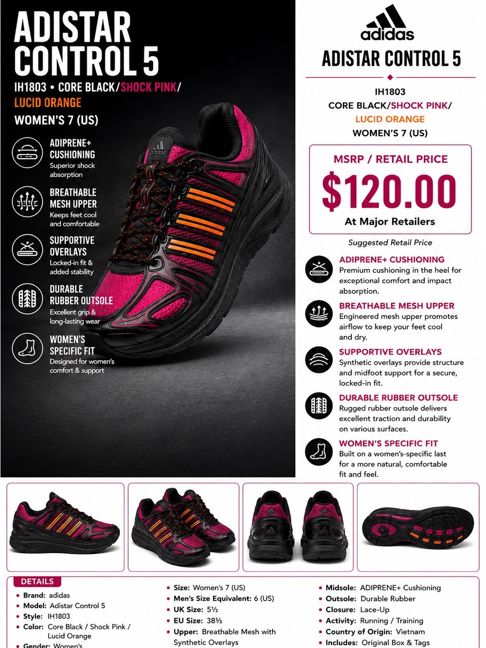(Size: 7w) Adidas Adistar Control 5 Women’s Black Pink Orange Running Shoes